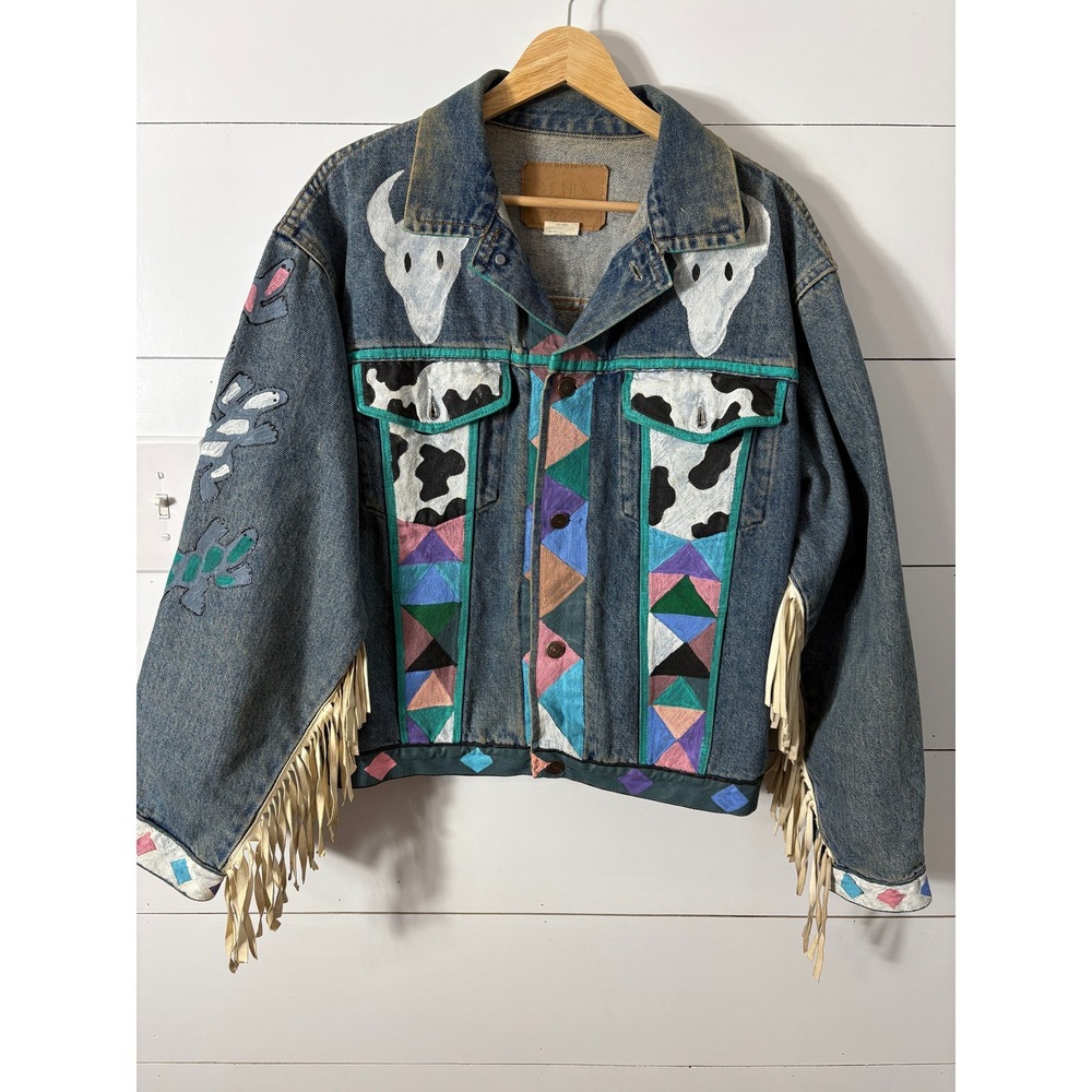 Vintage Gap Denim Jacket Western Southwest Painted Cow Skull Fringe Unique Small